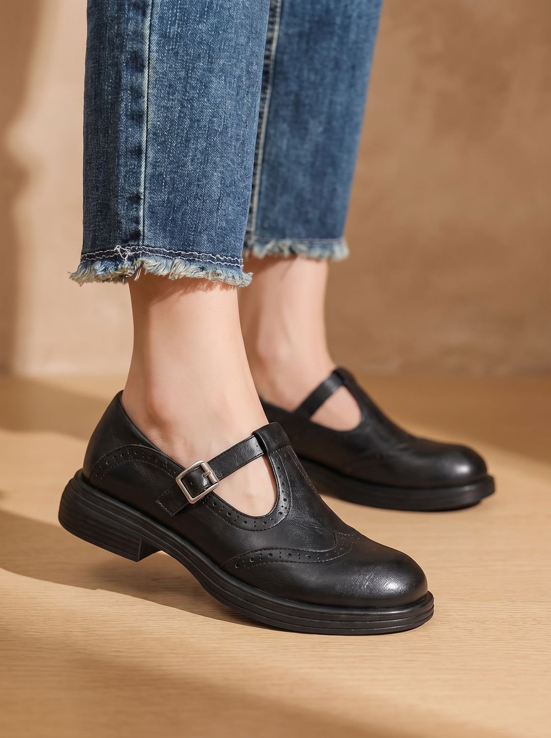 Wingtip buckle T-strap flats for women