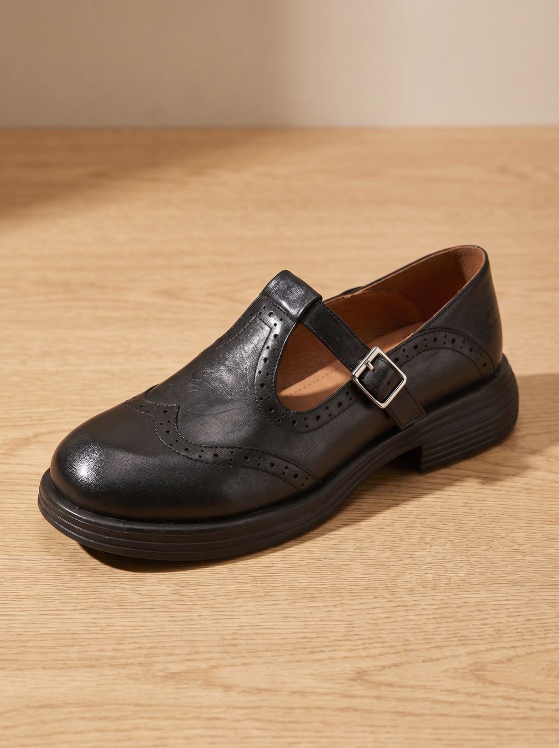 Wingtip buckle T-strap flats for women