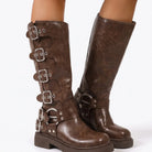 Knee-high multi-buckle harness biker boots for women