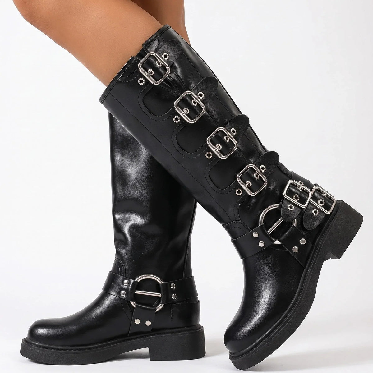Knee-high multi-buckle harness biker boots for women