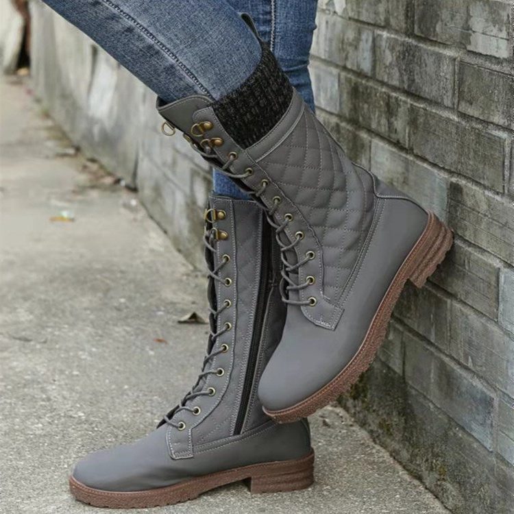 Quilted lace-up mid-calf winter boots with knit cuff for women
