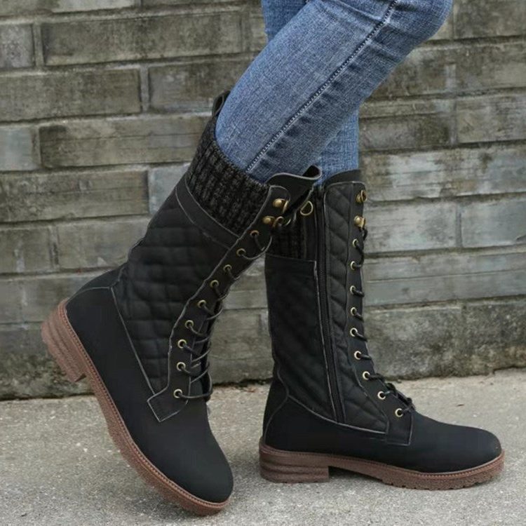 Quilted lace-up mid-calf winter boots with knit cuff for women