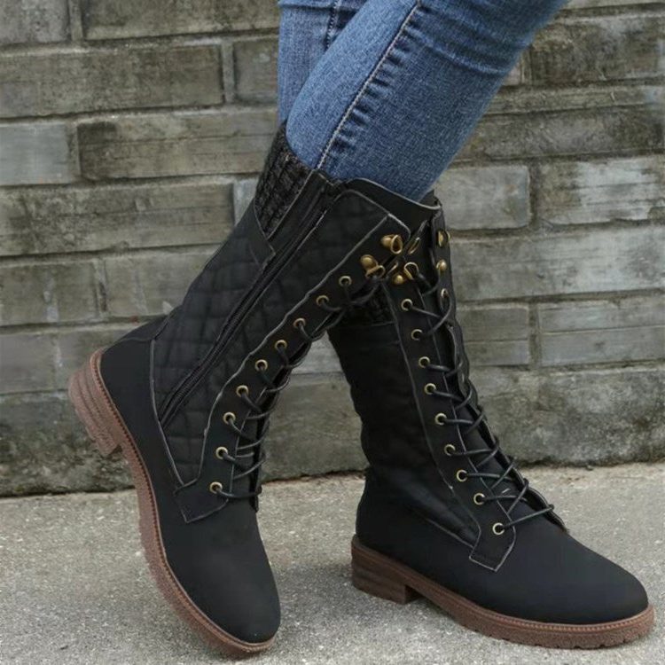 Quilted lace-up mid-calf winter boots with knit cuff for women