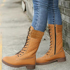 Quilted lace-up mid-calf winter boots with knit cuff for women