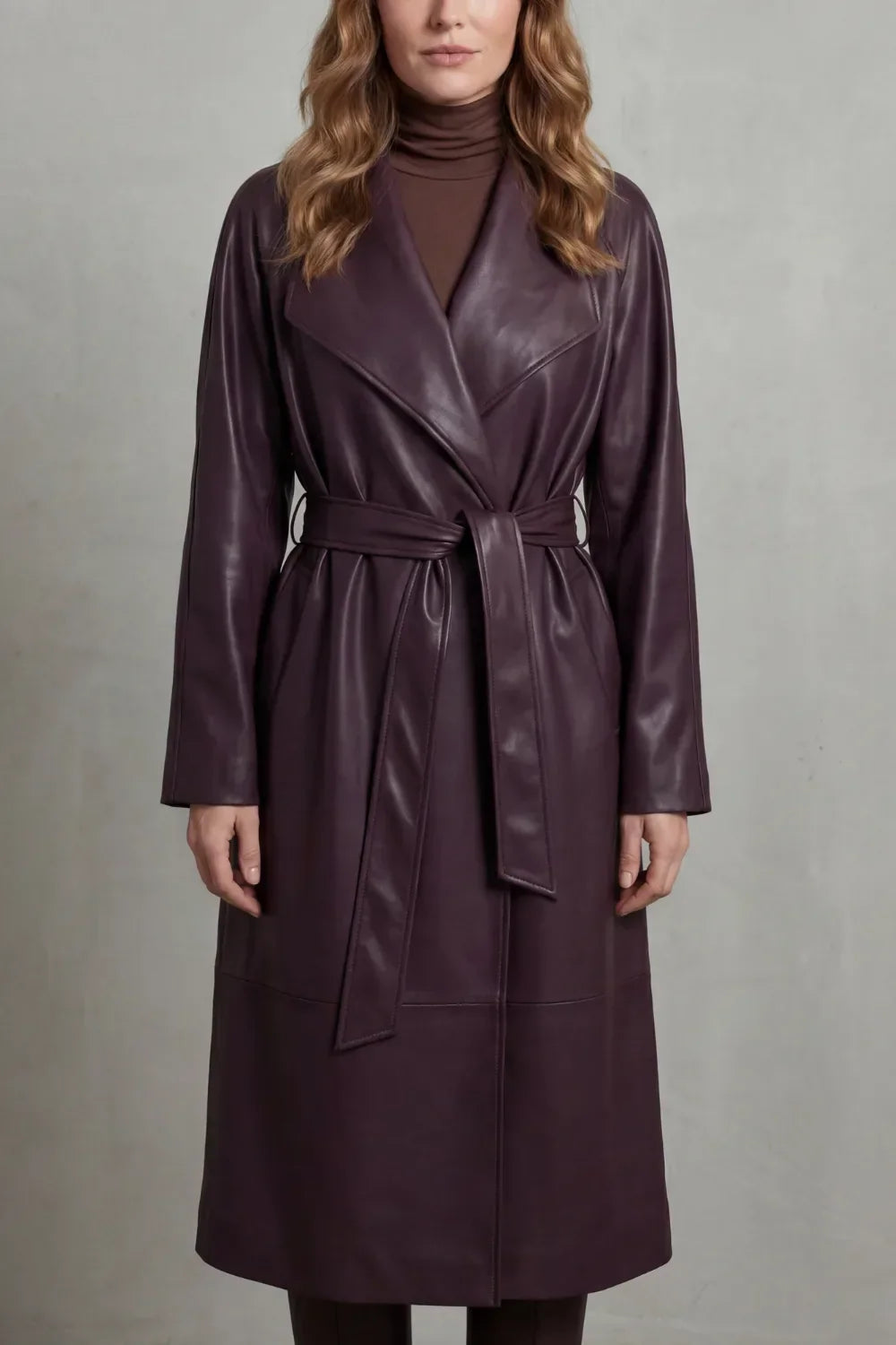 Leather-look longline trench belted coat for women