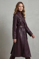 Leather-look longline trench belted coat for women