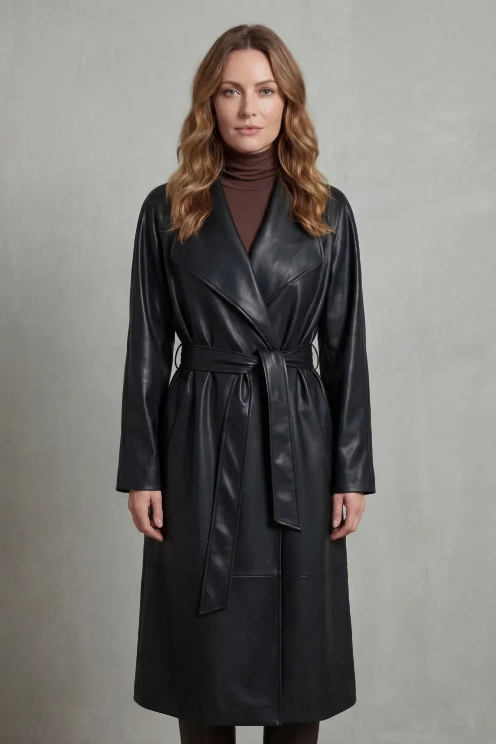 Leather-look longline trench belted coat for women