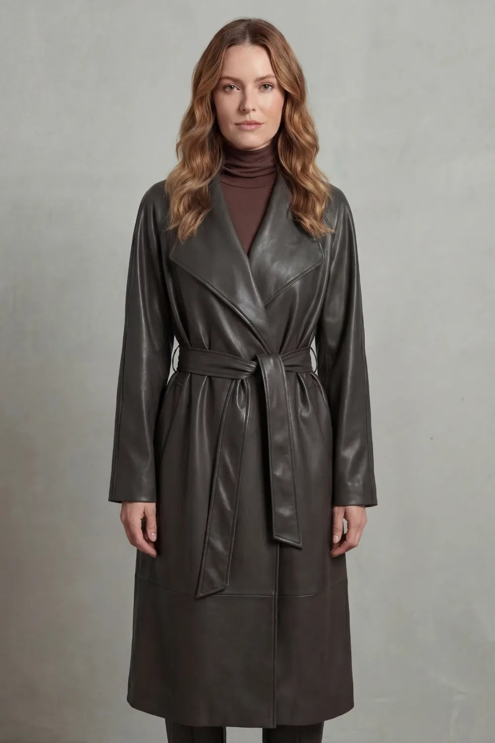 Leather-look longline trench belted coat for women